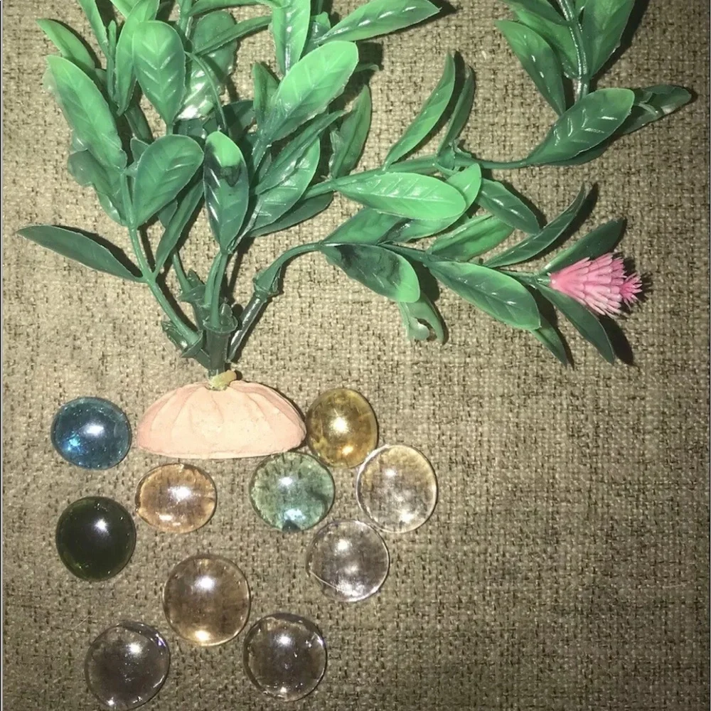 Aquarium Decor Fish Tank Ornament Green Plant Flower & Colored Marbles Pebbles